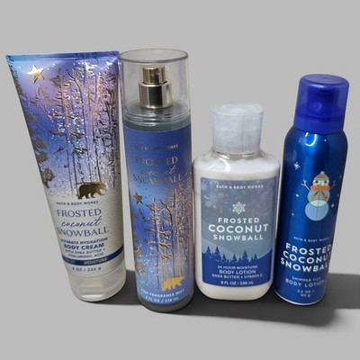 Bath & Body Works 4p Lot Frosted Coconut Snowball Cream Mist Lotion Shimmer Fizz