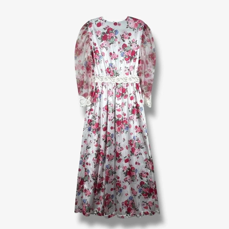 Vintage Olga Floral Print Maxi Dress Robe Sheer Bishop Sleeve Lace Trim Womens M - Image 3 of 4