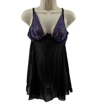 Babydoll Lingerie Set Sheer Black Purple Lace Matching G String Panty Medium