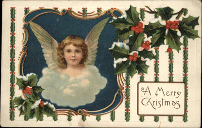 Christmas Cherub Holly Cloud Embossed c1900s-20s Postcard