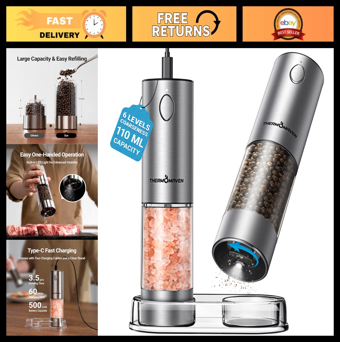 Larger Capacity Electric Salt & Pepper Grinder Set - Rechargeable, LED Light, 11