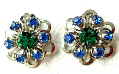 Boucle d'oreille vintage clips argenté strass BLEU et VERT 2,7cm état NEUF 🩵 ! - Photo 1/4