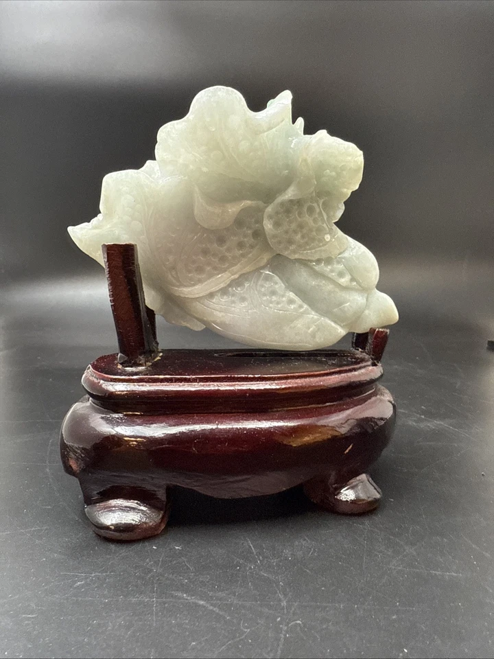 GRAN ESTATUA ANTIGUA Jade Bok Choy 🥬 con soporte de China Foto 3 de 4
