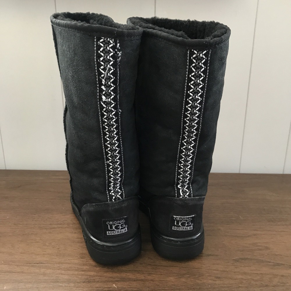 UGG Womens 7 Black Suede Sheepskin Australia Embroidered Winter Tall Boot Shoe
