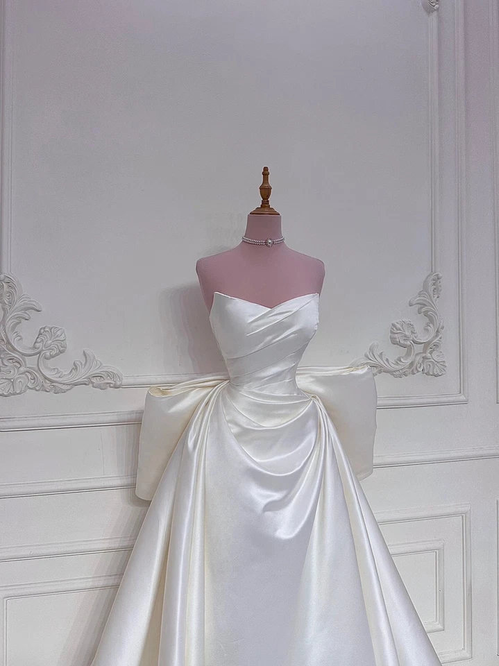 Wedding Dresses Corset Strapless Bridal Ball Gowns Sheath Column Big Bow Satin - Image 3 of 4