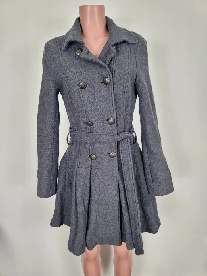 Free People Women's Gray Flowy Textured Wool Blend Pea Coat Sz 6 Small Belted - Image 3 of 4
