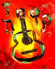 GUITAR  MUSIC   ORIGINAL CANVAS PAINTING  SIGNED  JAZZ NU899