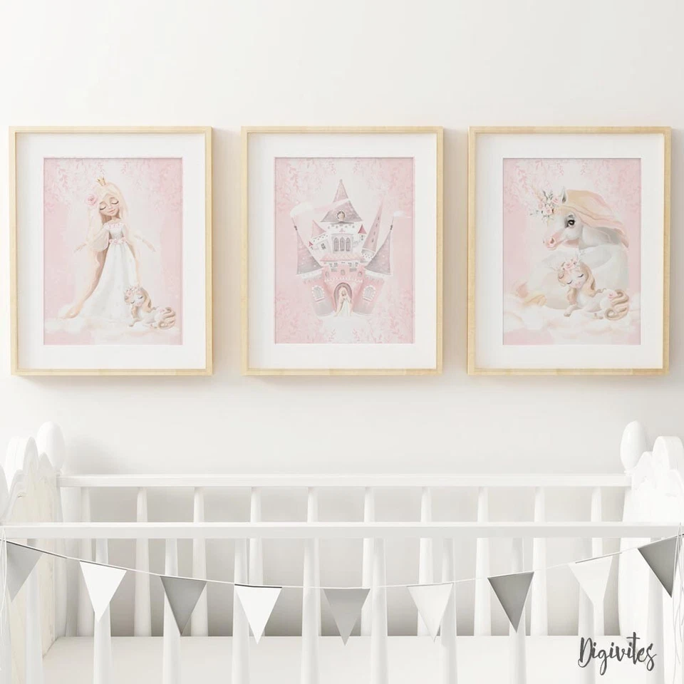 Baby, Girl Nursery Wall Art Prints Princess, Unicorn, Castle, Floral, set of 3