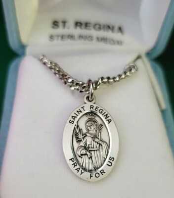 Saint Regina Pray For Us Oval Medal + 12'' Chain Sterling Silver Necklace Vtg