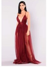 Burgundy Long Formal Holiday Dress Spaghetti Strap Deep V Neck Sheer Legs Large