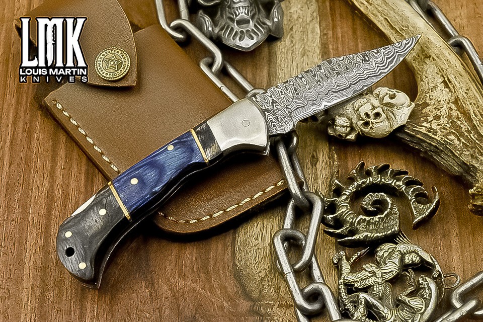 LMK Custom Ladder Damascus Folding Knife Hard Wood Back Lock