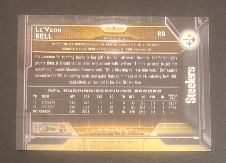 Le’Veon Bell 2015 Topps Chrome Mini Refractor #8 - Pittsburgh Steelers - Image 2 of 2