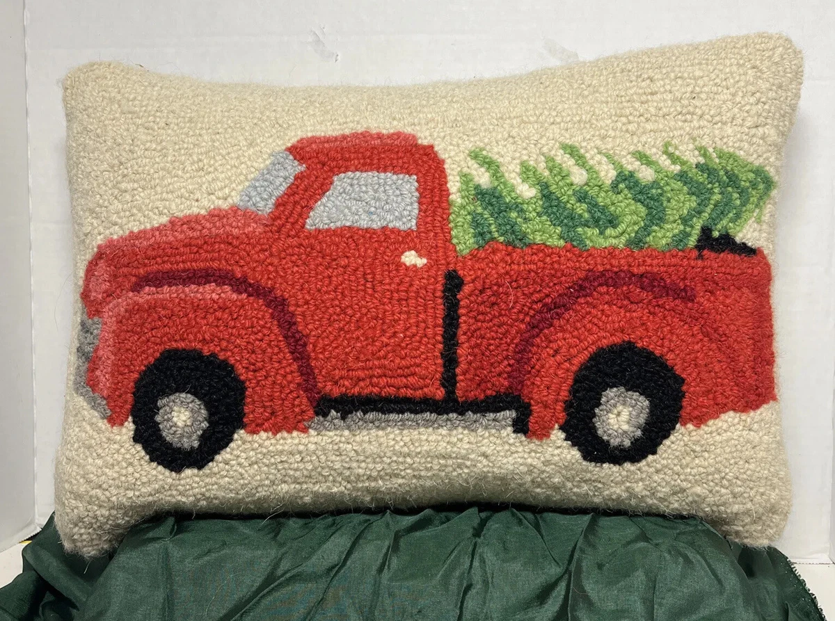 Christmas Wool-Velvet Back-Pillow 12”x18” Vintage Red Truck W/Tree