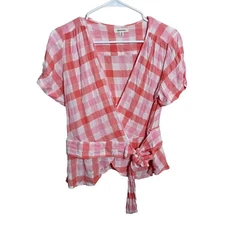 Max Studio Blouse Women's Small Pink Plaid Wrap V-Neck Cottage Preppy Artsy Top