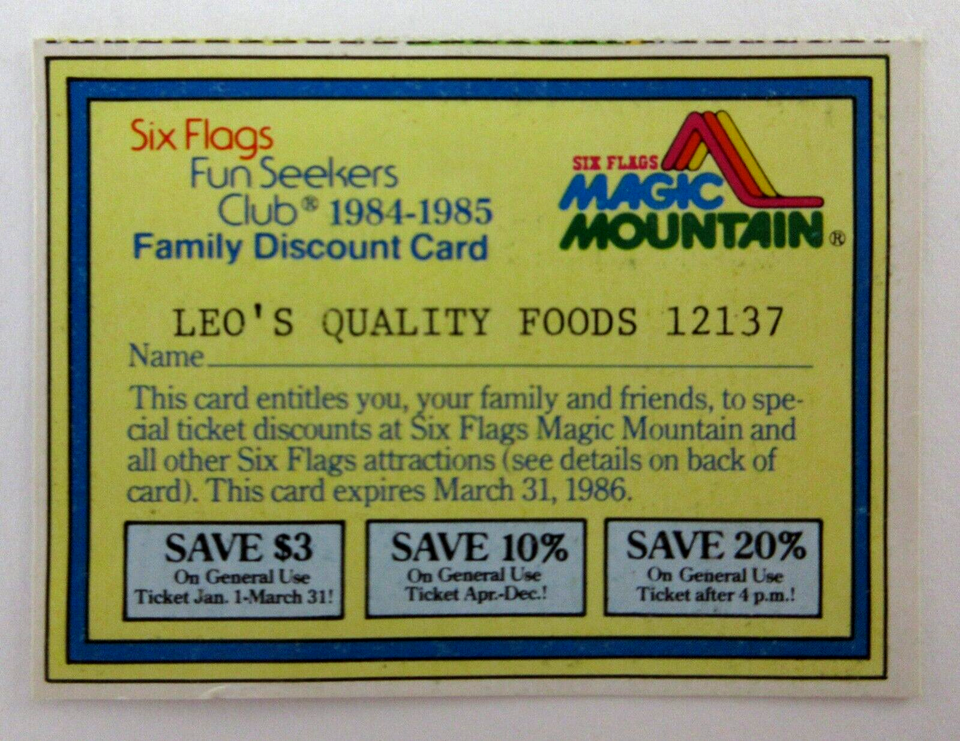 Vintage Magic Mountain Ticket Six Flags Fun Seekers Club Discount