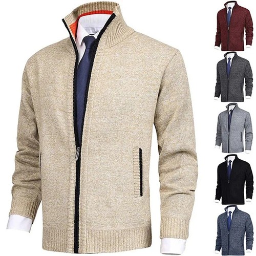 Mens Fleece Lined Cable Knitted Zip Up Cardigan Warm Winter Outerwear