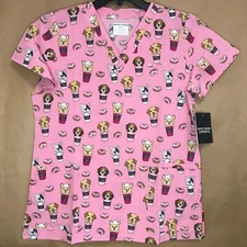 White Cross VNeck Scrub Top S Pupaccino Brunch WC 618PBWC NWT Free Shipping