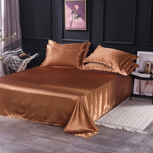 Satin Seide Bettwäsche Set Flach Bettlaken Kissenhülle Flaches Laken Twin/Queen/King Bett - Bild 16 von 40