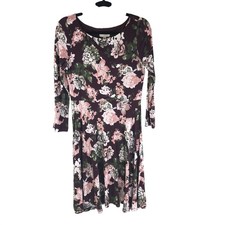 Ann Taylor LOFT Floral Knit Stretch Long Sleeve Scoop Neck Burgundy Pink S