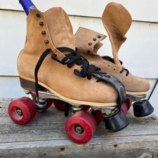 Vintage Tan Leather Suede Roller Skates With Sure Grip Plate Size 7 Mens