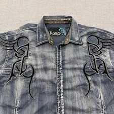 Roar Shirt Mens 2XL Blue Button Up Faded Embroidered Western Cross Buckle
