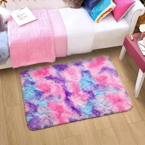  Soft Rainbow Rug for Girls Room, Cute Fluffy Girls 2 x 3 Feet Rose/Purple Foto 4 de 4