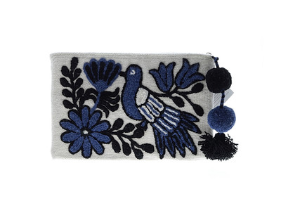 NEW! Noonday Collection Embroidered Zippered Clutch Pouch Blue Bird Floral Print
