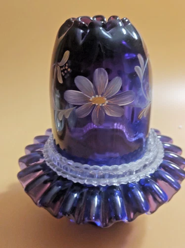 Vintage FENTON Art Glass Cobalt Blue Fairy Lamp 3 Piece 7" signed by artist