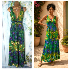 New Roman Peacock Print Maxi Dress Size 18 Green Purple Stretch Summer Occasion