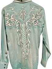 Roar Mens Embroidered Dress Shirt Button Down Turquoise Blue Size  Medium Collar