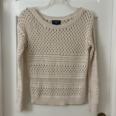American Eagle Open Knit Crochet Off White Gold Textured Crew Sweater Women Sz M