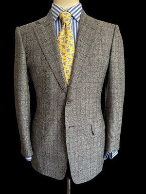 Chester Barrie Savile Row Grey Flannel Wool Sport Coat 36R Grey Red Check
