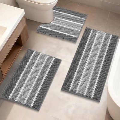  Chenille Bathroom Rugs 3 Pieces, Extra Thick Absorbent Non Slip Bath Mats 