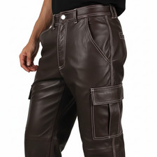 Men's Brown Genuine Lambskin 100 Real Leather Cargo Stylish Casual Leather Pant