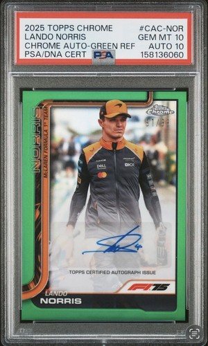 2025 Topps Chrome Formula 1 F1 Lando Norris Green Auto 91/99 PSA 10 Gem Auto 10