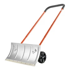 Wheeled Snow Pusher Shovel 24 Inch Adjustable Angling Blade Driveway Snow Plow