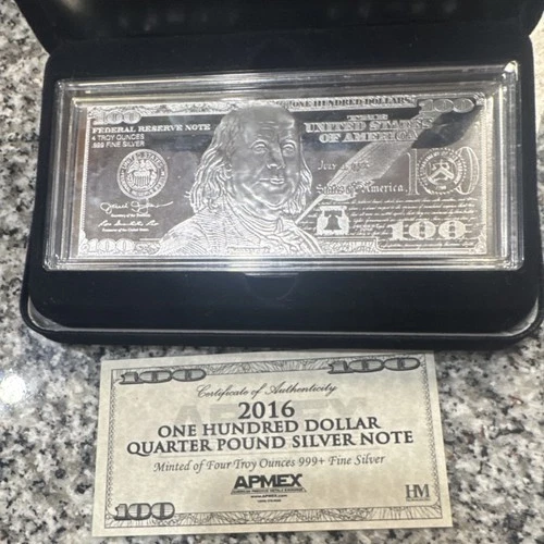 APMEX 2016 One Hundred Dollar Quarter Pound Silver Note Bar 4 oz 999 Fine