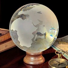 VTG 4.5"T Frosted Glass Crystal World Globe Paperweight Etched Map W/Stand GC