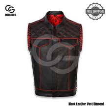 Men’s Black Leather Motorcycle Vest | Diamond Quilted Biker Waistcoat