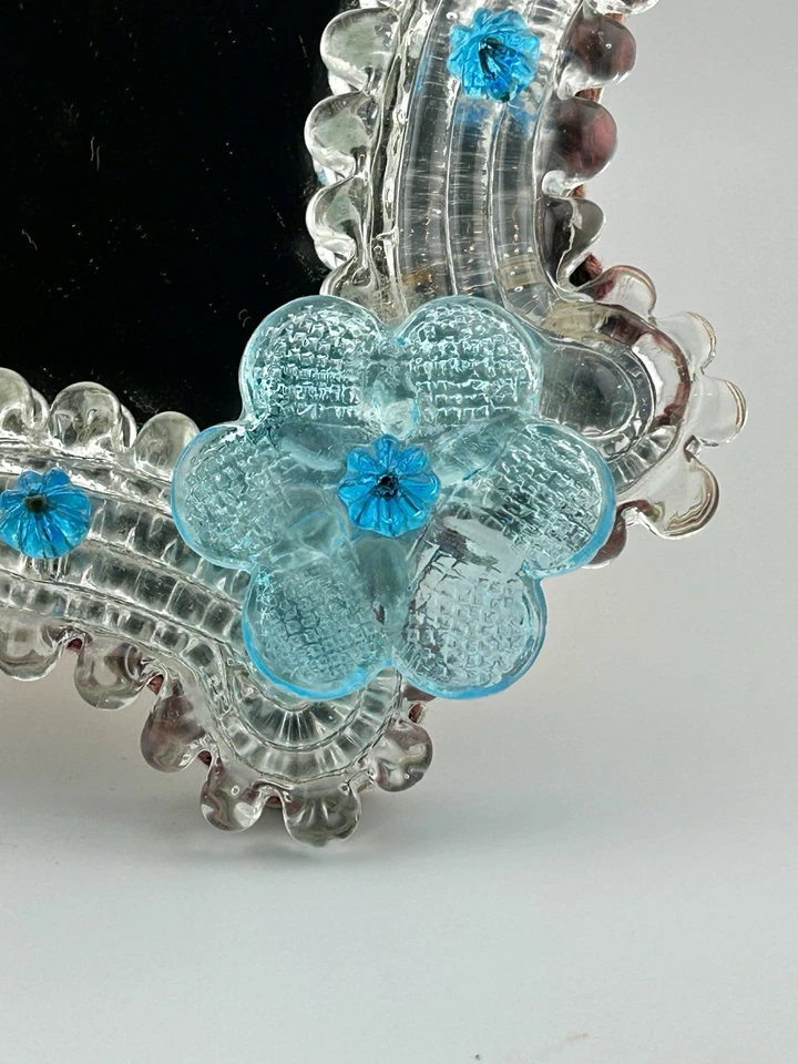 Итальянский венецианский муранского стекла настольное зеркало синий цветы с наклейкой винтажный - Изображение 4 из 4