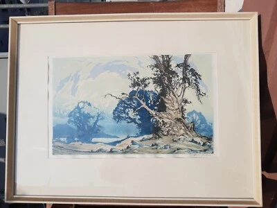 RAR! Oscar DROEGE (1898-1983) Bäume am Seeufer vor Alpenlandschaft HANDSIGNIERT - Bild 1 von 4