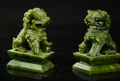 Rare A pair of 100% China natural green jade hand-carved statues fo dog lion - Picture 2 of 7