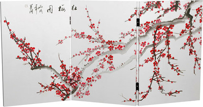 2 Ft. Short Double Sided Plum Blossom Canvas Folding Screen 3 Panel Freestanding