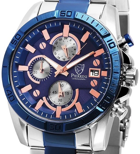 Men's Watch Wristwatch Chronograph Blue Silver Stainless Steel 291023000010 Pierrini