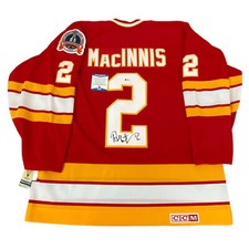 AL MACINNIS SIGNED CALGARY FLAMES CCM JERSEY BECKETT BAS COA S23816 89 CUP PATCH