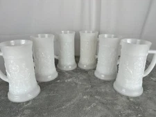 Set Of 6 VNTG Federal White Milk Glass Beer Mug Stein  Embossed Tavern Scene