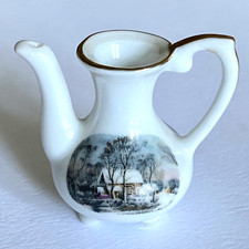 1977 Avon Small Treasures Porcelain Miniature Mill Winter Scene Gold Rim Tea Pot