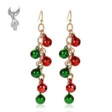 Gold Plated Red  Green Christmas Jingle Bell Tassel Earrings 70mm    521