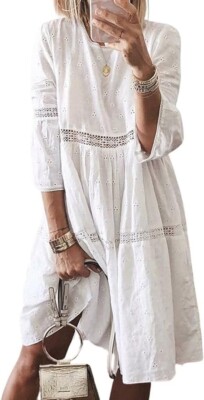 Women's Comfy 3/4 Sleeves Lace Crochet Lightweight Flowy A-Line Midi Dress