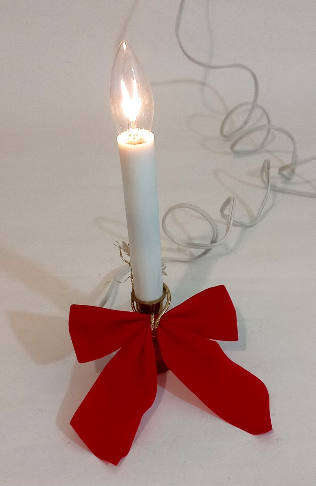 Vintage Solid Brass Base Electric Candle Lamp with Red Christmas Bow